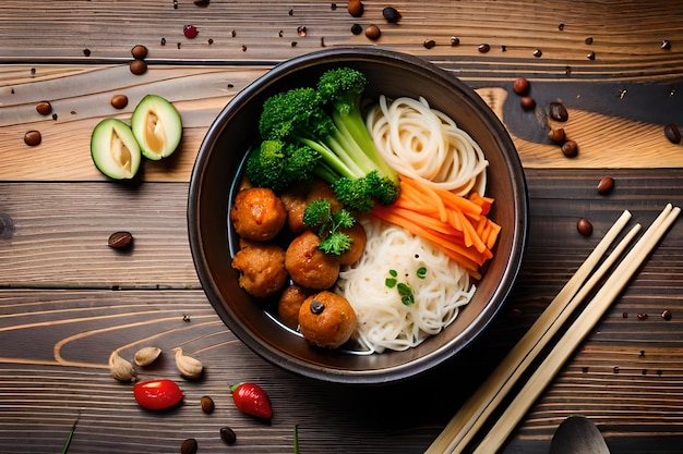 a bowl of food with noodles and vegetables on a wooden table.