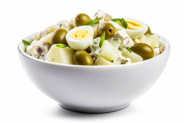 a bowl of food with olives and an egg