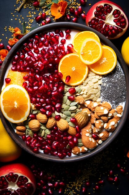 A bowl of food with oranges and nuts