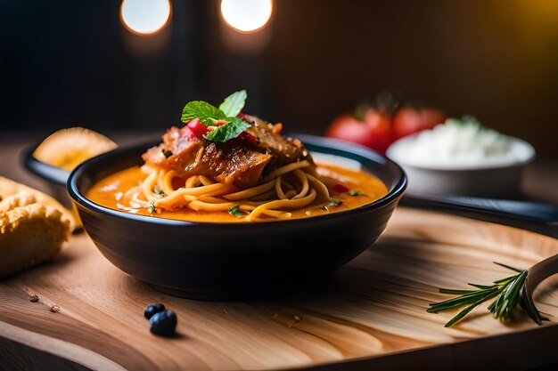 a bowl of food with pasta and a bowl of food on a wooden table.