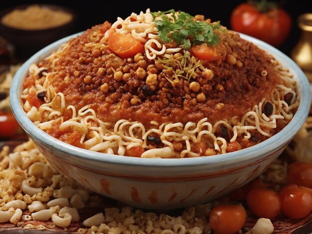 a bowl of food with pasta and tomatoes on top.