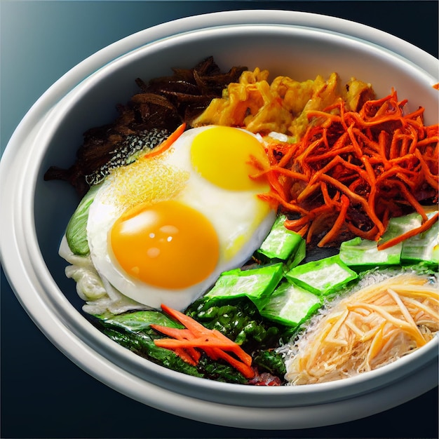 A bowl of food with a picture of an egg carrots and other vegetables