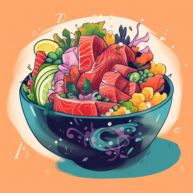 Photo a bowl of food with a picture of a fish and vegetables.