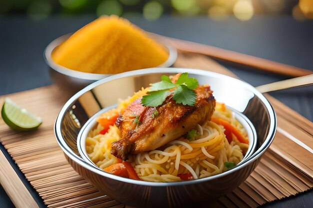 Foto una ciotola di cibo con un pezzo di pollo e noodles.