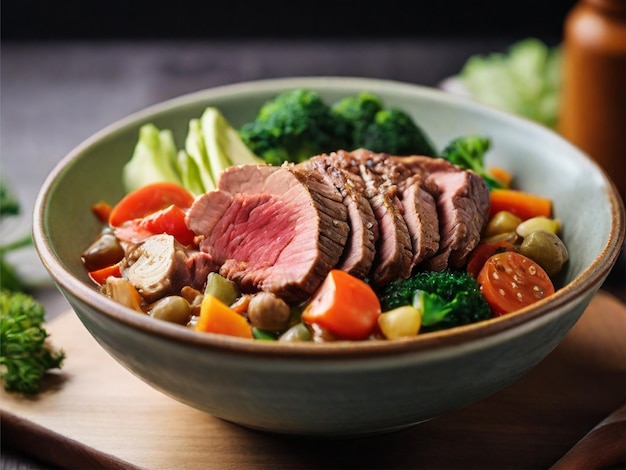 A bowl of food with a piece of meat and vegetables on it