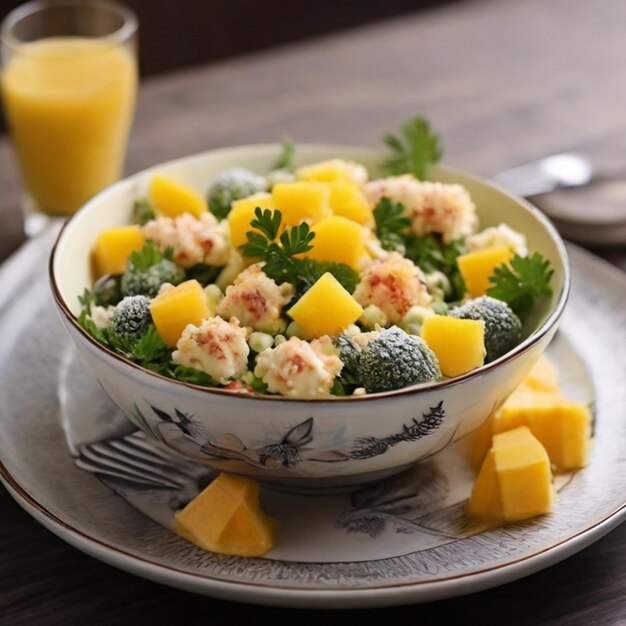 Photo a bowl of food with pineapple and broccoli on a plate