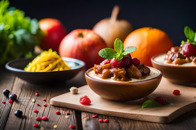 a bowl of food with pomegranates on the table