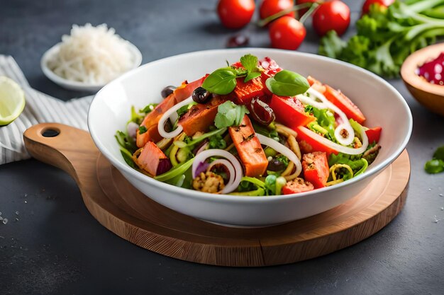 A bowl of food with a red bean salad on a wooden table.