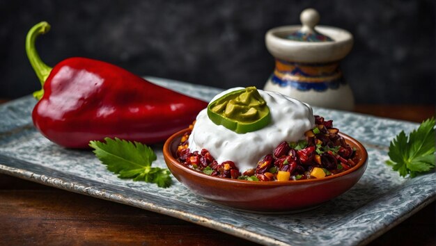 a bowl of food with a red pepper next to it