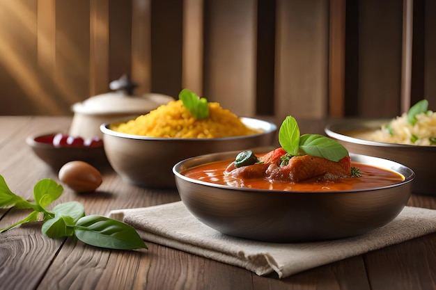 A bowl of food with a red sauce and a bowl of chicken and rice