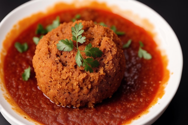 A bowl of food with a red sauce and a green leaf on the top.