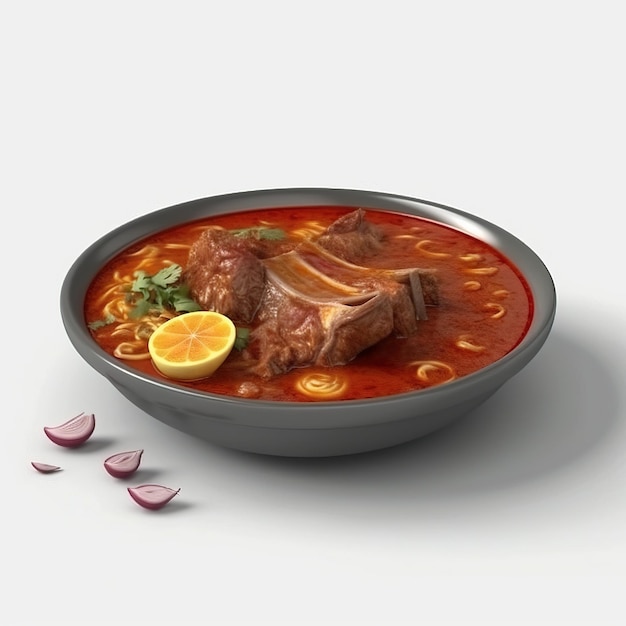 Миска с едой и красным соусом, на котором написано "рамен".