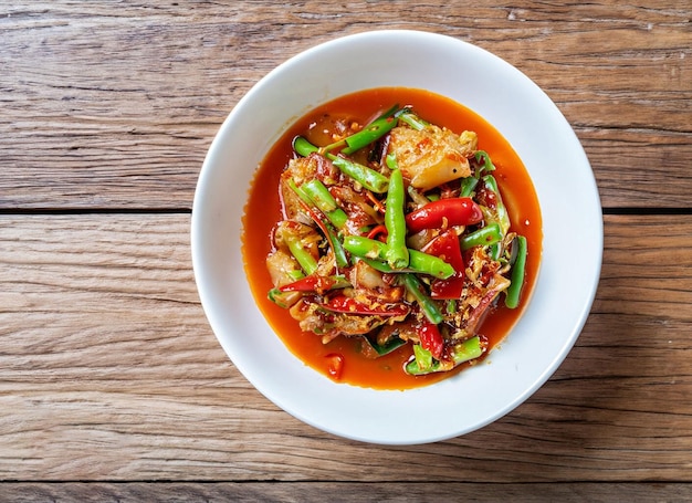 A bowl of food with a red sauce and vegetables on a wooden table.