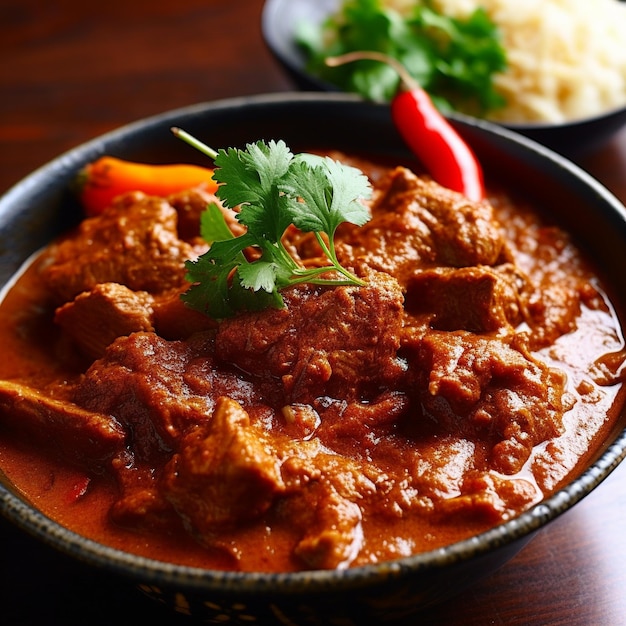 a bowl of food with a red vegetable on it