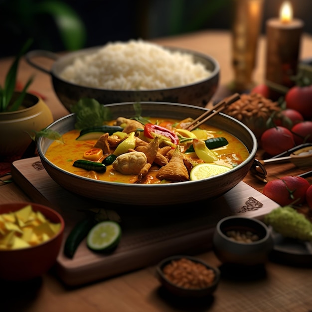 A bowl of food with a red vegetable on the side.