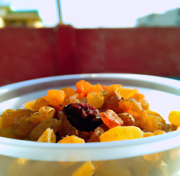 A bowl of food with a red wall behind it