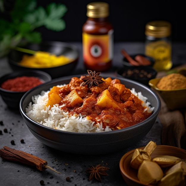 a bowl of food with rice and a bottle of curry sauce.