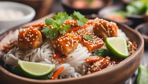 a bowl of food with rice chicken and vegetables