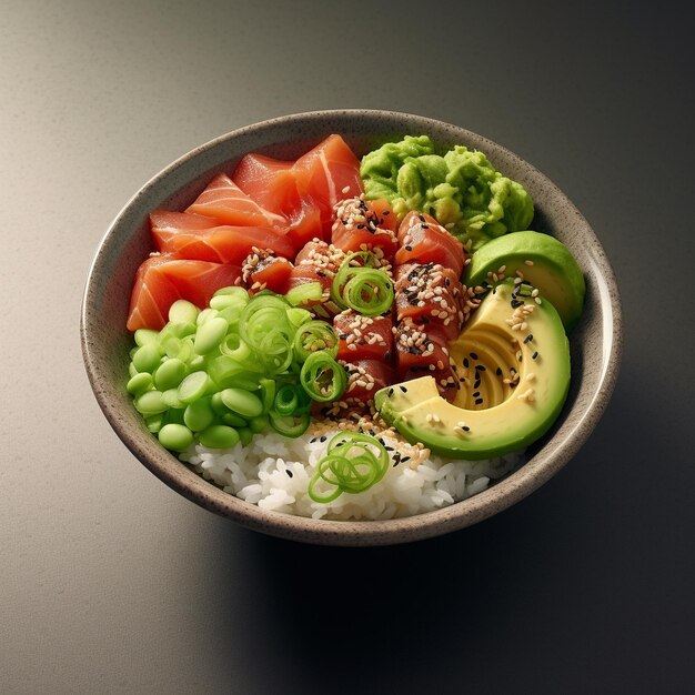 a bowl of food with rice, meat, and vegetables.