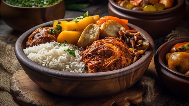 A bowl of food with rice and vegetables on the side