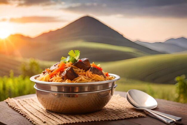 A bowl of food with rice and vegetables on a table