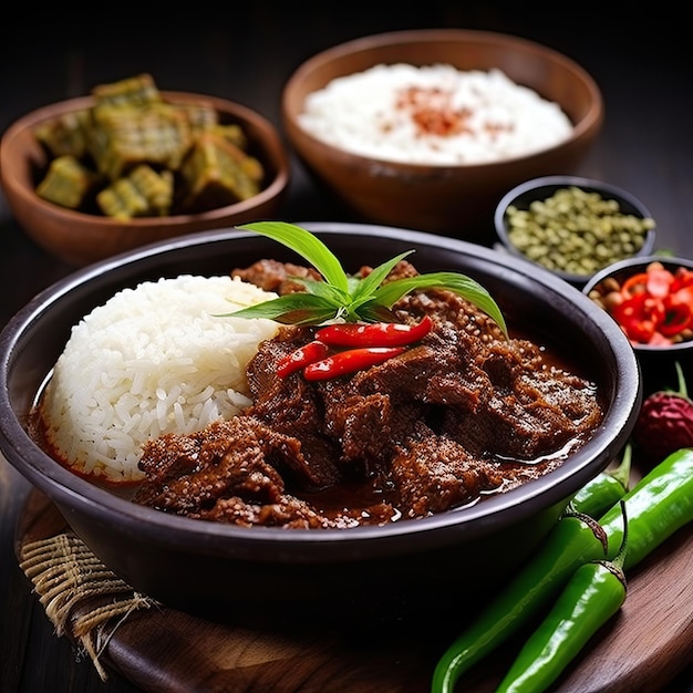 a bowl of food with rice and vegetables on a wooden table.