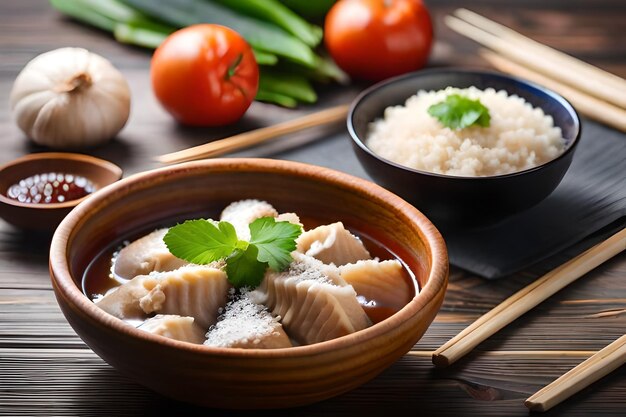 a bowl of food with rice and vegetables on a wooden table.