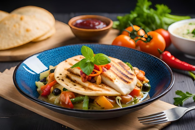 A bowl of food with a salad and a bowl of food on the table