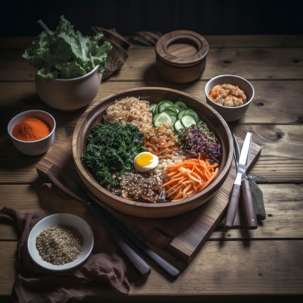 A bowl of food with a salad on it and a bowl of vegetables on the table.