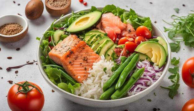 a bowl of food with salmon green beans and rice