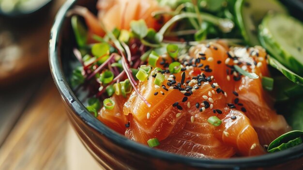 A bowl of food with salmon and vegetables Scene is healthy and inviting