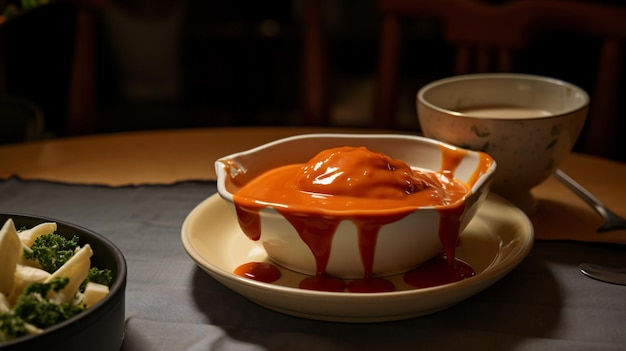 A bowl of food with sauce in it on a table