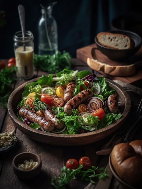 A bowl of food with sausages and lettuce on it