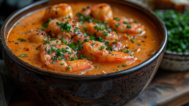 Photo a bowl of food with shrimp and parsley on top