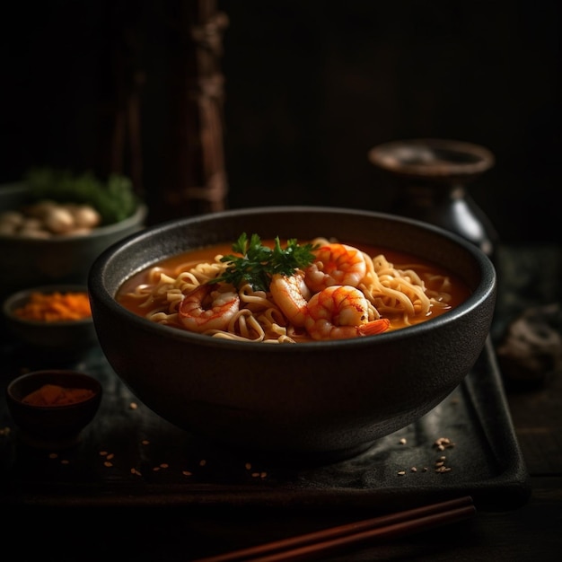 A bowl of food with shrimps and noodles in it.