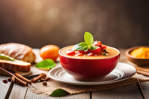 a bowl of food with a slice of bread on the plate