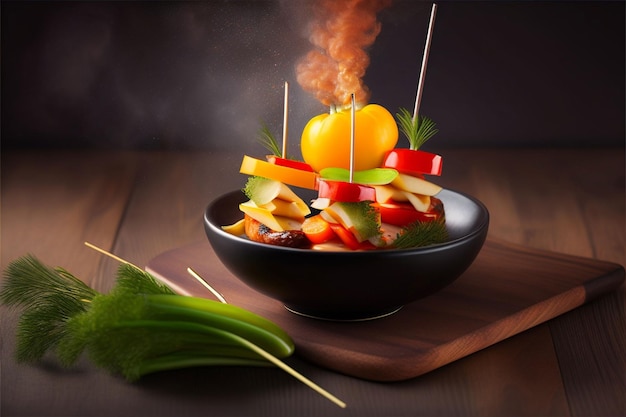 A bowl of food with a smoke coming out of it