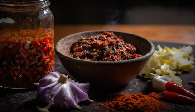 A bowl of food with spices and a jar of spice