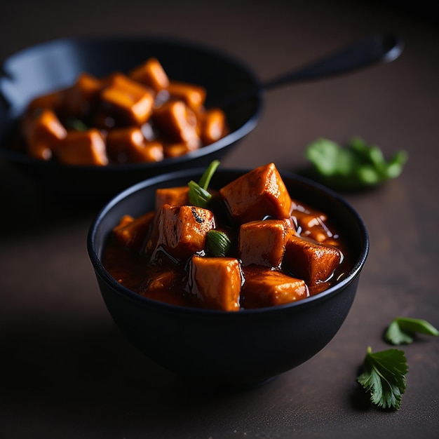 A bowl of food with a spoon next to it