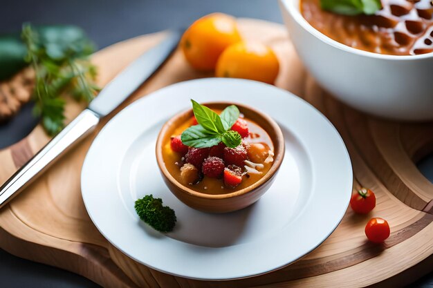 スプーンが入った食べ物のボウルとその上に食べ物の皿