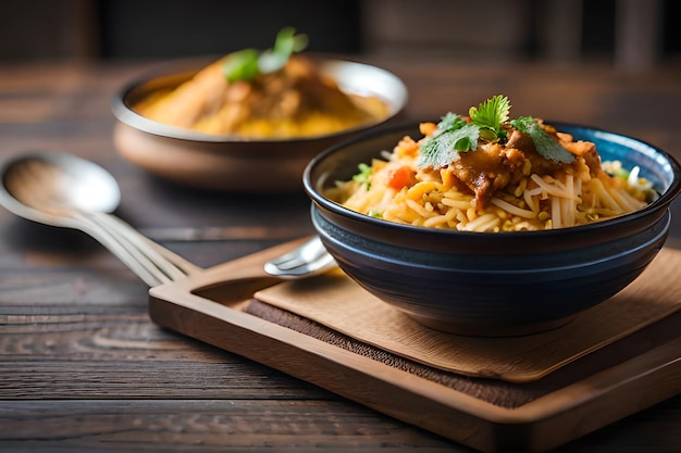 A bowl of food with a spoon on a wooden table