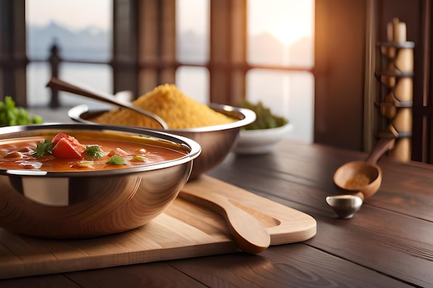 A bowl of food with a spoon on a wooden table.