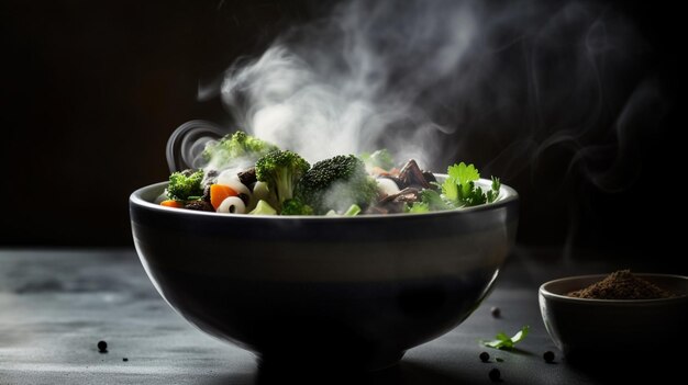 A bowl of food with steam rising from the top.