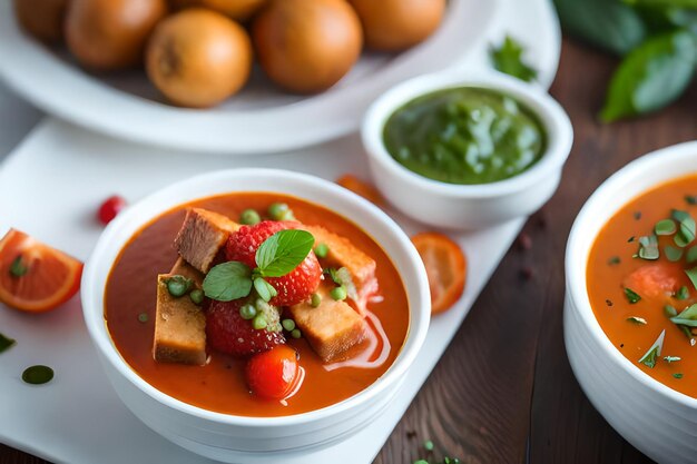 A bowl of food with strawberries and a bowl of soup