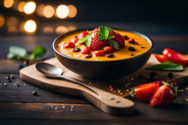 a bowl of food with strawberries and a spoon on a table