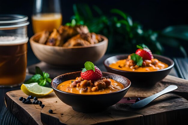 Photo a bowl of food with a strawberry and a lemon wedge on the side