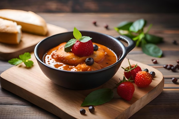 A bowl of food with a strawberry on the side