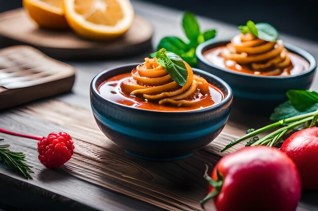 Foto una ciotola di cibo con una fragola sul lato