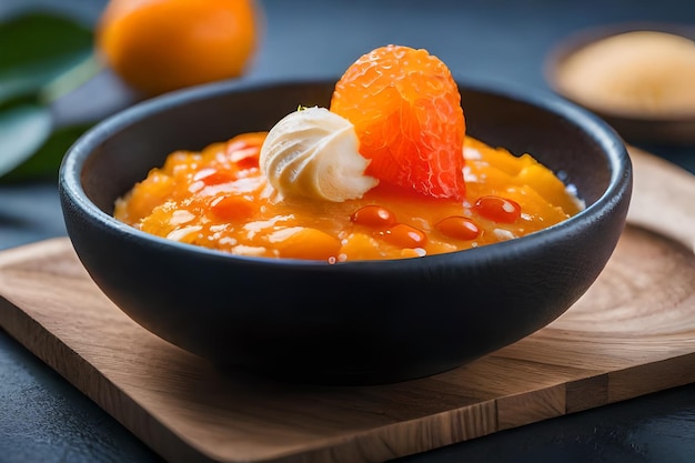 A bowl of food with a strawberry and a strawberry on the side