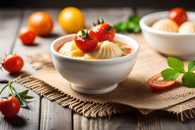 миска еды с помидорами и тарелка супа на деревянном столе.